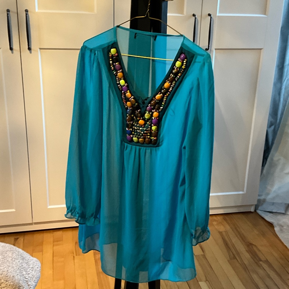 Teal Beaded V-Neck Blouse